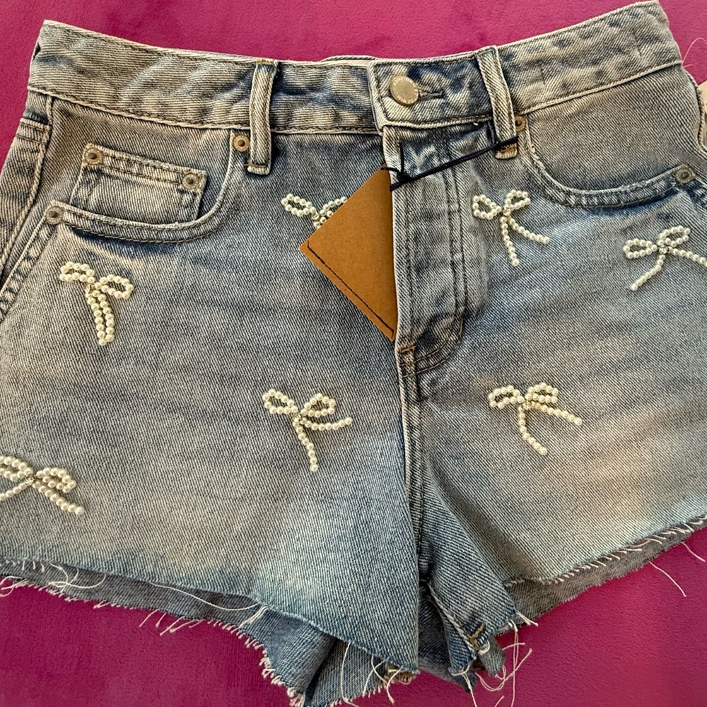 RARE DNM EDIT Pearl Bow High Waisted Denim Shorts